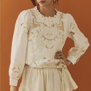 Anthropologie The Lainie Lace Cutwork Long Sleeve Blouse Size Large NWT